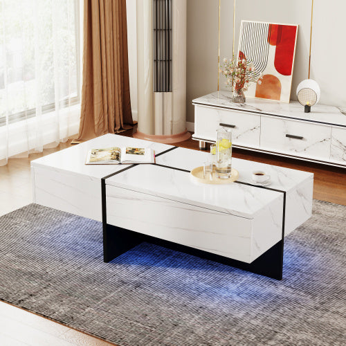 High Gloss Coffee Table, White Marble-Effect Structure With Matching Black Risers, Living Room Furniture,With App-Controlled LED Lighting System
