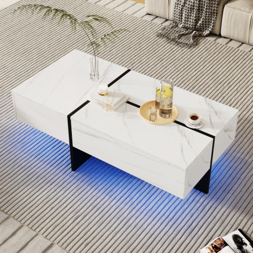 High Gloss Coffee Table, White Marble-Effect Structure With Matching Black Risers, Living Room Furniture,With App-Controlled LED Lighting System
