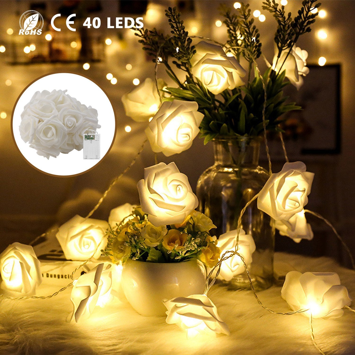 1Pc 40 LEDs Rose Flower String Lights 10ft 3m Battery Operated Decorative Lights For Anniversary Valentine's Wedding Bedroom