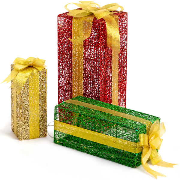 3pcs 18in-15in-11in Green Gold Christmas Lighting Gift Box