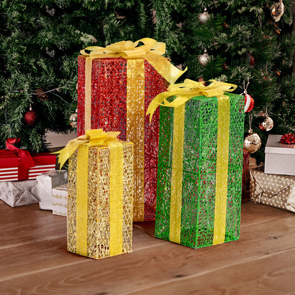 3pcs 18in-15in-11in Green Gold Christmas Lighting Gift Box